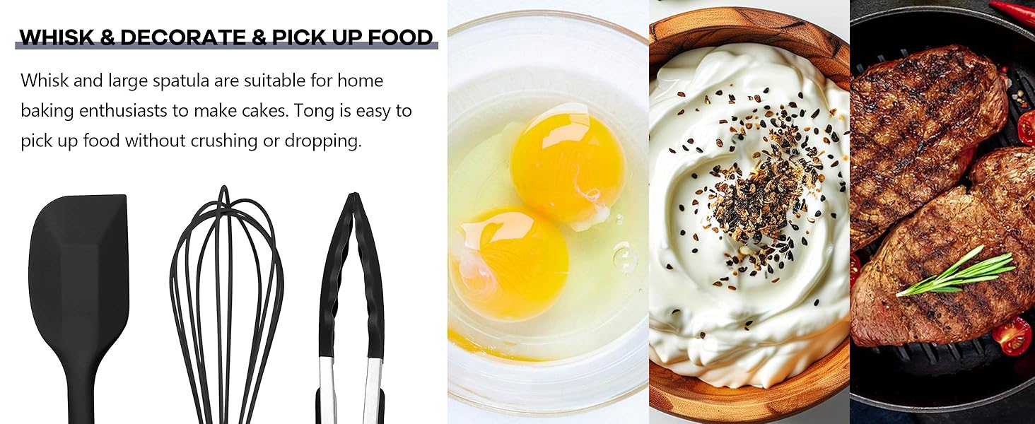 TeamFar Silicone Cooking Utensils, 10 pcs Kitchen Cooking Utensils Set, 446°F Heat Resistant Kitchen Gadgets Tools Set w/Spatula, Turners, Spoons, Soup Ladle, Pasta Server for Nonstick Cookware, Black