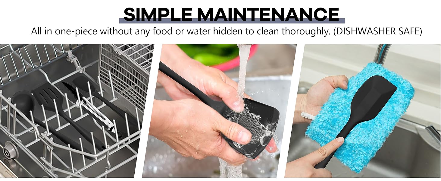 TeamFar Silicone Cooking Utensils, 10 pcs Kitchen Cooking Utensils Set, 446°F Heat Resistant Kitchen Gadgets Tools Set w/Spatula, Turners, Spoons, Soup Ladle, Pasta Server for Nonstick Cookware, Black