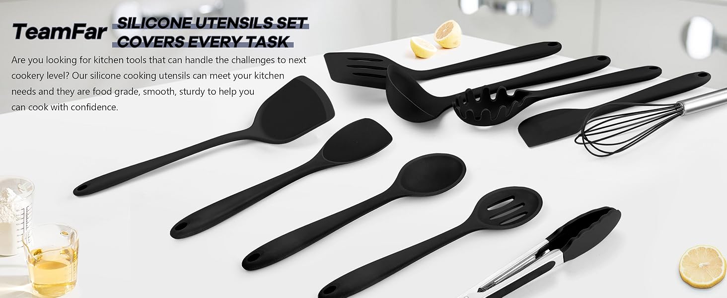 TeamFar Silicone Cooking Utensils, 10 pcs Kitchen Cooking Utensils Set, 446°F Heat Resistant Kitchen Gadgets Tools Set w/Spatula, Turners, Spoons, Soup Ladle, Pasta Server for Nonstick Cookware, Black