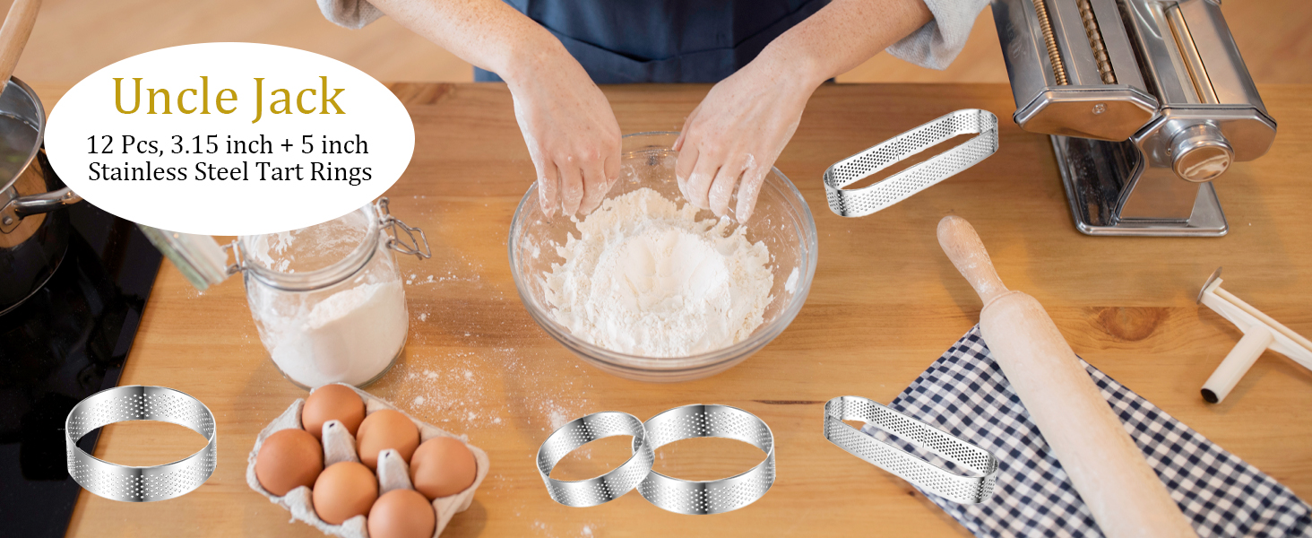 Uncle Jack 12 Pcs Stainless Steel Tart Rings, 3.15 inch + 5 inch Perforated Tart Rings for Baking, Perfect for Small Fruit Crust, French Dessert, Cake (Circle and Oval)