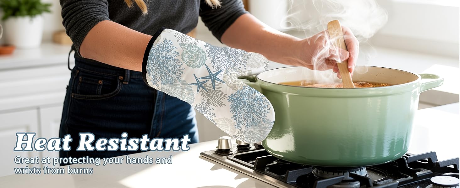 Coastal Oven Mitts and Pot Holders Sets of 4 Nautical Kitchen Decor Starfish Seashell Beach Ocean Themed Kitchen Mitts Potholders Silicone Heat Resistant Oven Gloves Hot Pads for Baking BBQ Grilling