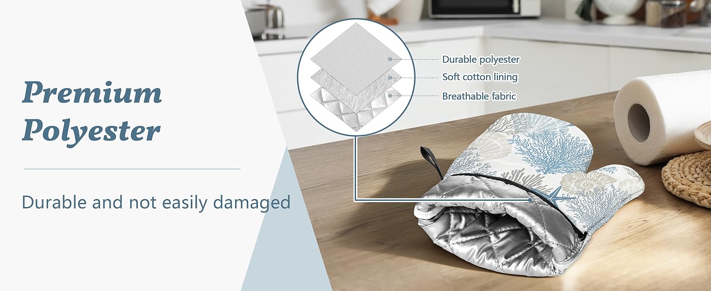 Coastal Oven Mitts and Pot Holders Sets of 4 Nautical Kitchen Decor Starfish Seashell Beach Ocean Themed Kitchen Mitts Potholders Silicone Heat Resistant Oven Gloves Hot Pads for Baking BBQ Grilling