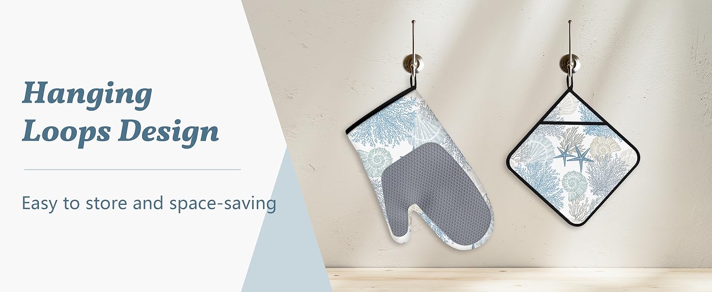 Coastal Oven Mitts and Pot Holders Sets of 4 Nautical Kitchen Decor Starfish Seashell Beach Ocean Themed Kitchen Mitts Potholders Silicone Heat Resistant Oven Gloves Hot Pads for Baking BBQ Grilling