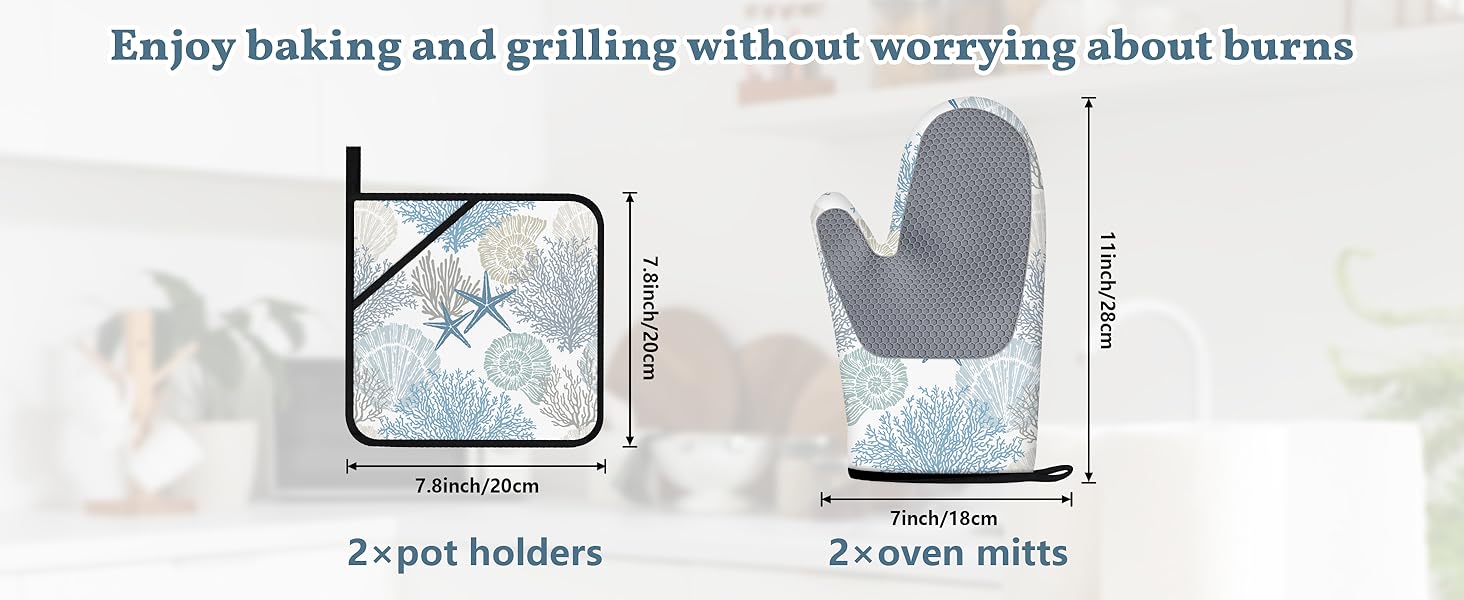 Coastal Oven Mitts and Pot Holders Sets of 4 Nautical Kitchen Decor Starfish Seashell Beach Ocean Themed Kitchen Mitts Potholders Silicone Heat Resistant Oven Gloves Hot Pads for Baking BBQ Grilling