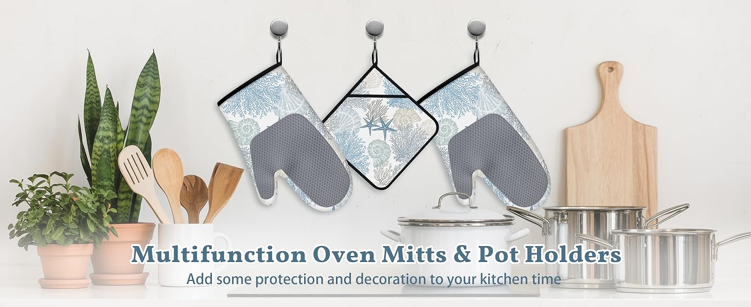 Coastal Oven Mitts and Pot Holders Sets of 4 Nautical Kitchen Decor Starfish Seashell Beach Ocean Themed Kitchen Mitts Potholders Silicone Heat Resistant Oven Gloves Hot Pads for Baking BBQ Grilling