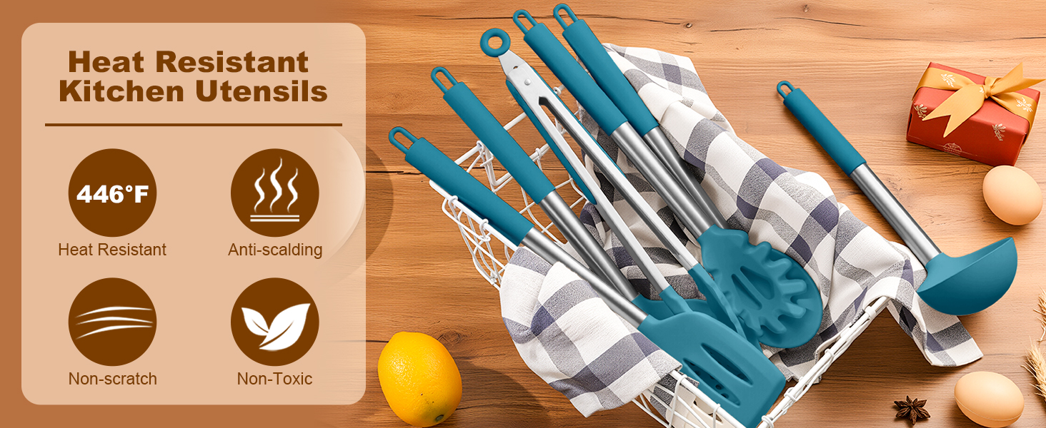 LIANYU Silicone Kitchen Cooking Utensils Set, 6Pcs Heat Resistant Kitchen Tools Spatula for Nonstick Cookware, Slotted Turner, Spoon, Soup Ladle, Pasta Server, Skimmer, Tongs, Blue