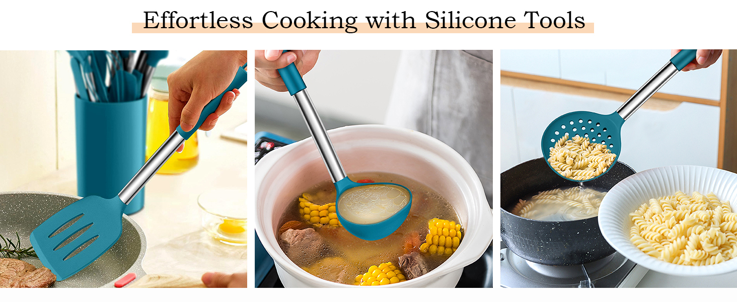 LIANYU Silicone Kitchen Cooking Utensils Set, 6Pcs Heat Resistant Kitchen Tools Spatula for Nonstick Cookware, Slotted Turner, Spoon, Soup Ladle, Pasta Server, Skimmer, Tongs, Blue