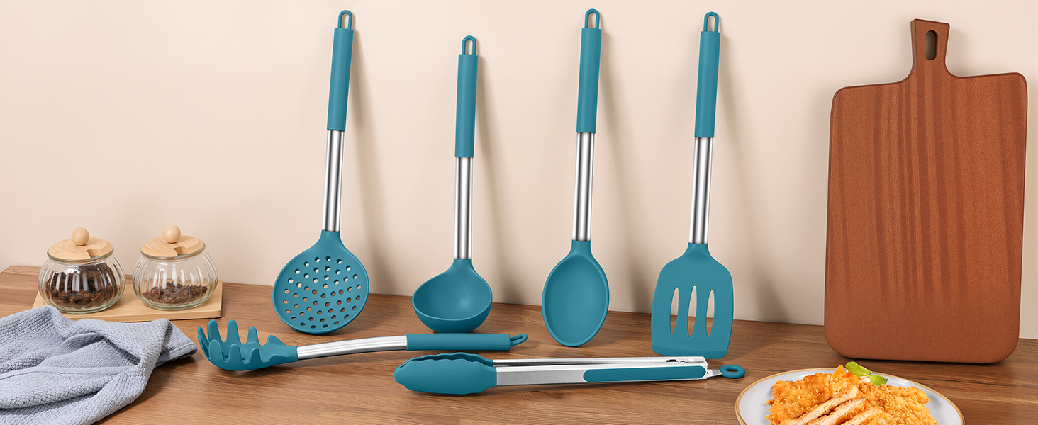 LIANYU Silicone Kitchen Cooking Utensils Set, 6Pcs Heat Resistant Kitchen Tools Spatula for Nonstick Cookware, Slotted Turner, Spoon, Soup Ladle, Pasta Server, Skimmer, Tongs, Blue