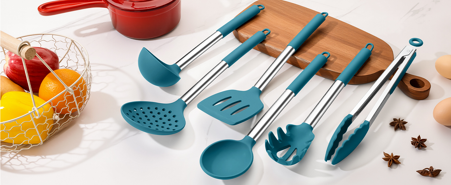 LIANYU Silicone Kitchen Cooking Utensils Set, 6Pcs Heat Resistant Kitchen Tools Spatula for Nonstick Cookware, Slotted Turner, Spoon, Soup Ladle, Pasta Server, Skimmer, Tongs, Blue