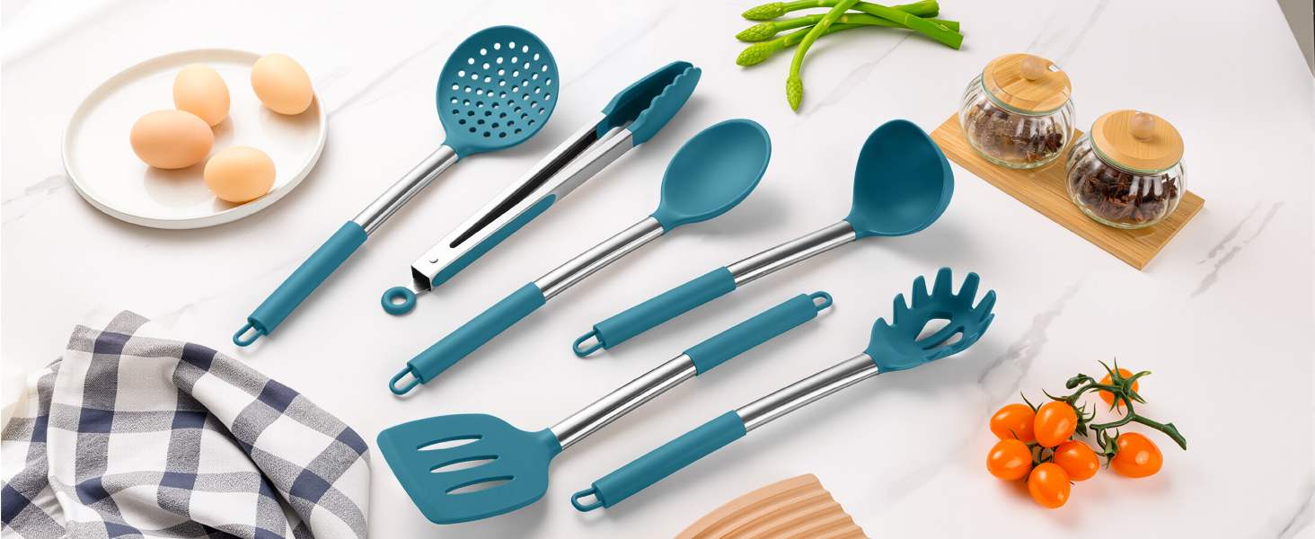 LIANYU Silicone Kitchen Cooking Utensils Set, 6Pcs Heat Resistant Kitchen Tools Spatula for Nonstick Cookware, Slotted Turner, Spoon, Soup Ladle, Pasta Server, Skimmer, Tongs, Blue