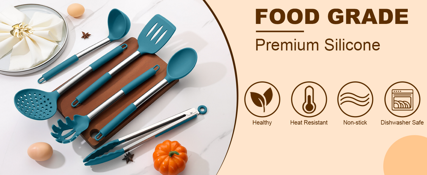 LIANYU Silicone Kitchen Cooking Utensils Set, 6Pcs Heat Resistant Kitchen Tools Spatula for Nonstick Cookware, Slotted Turner, Spoon, Soup Ladle, Pasta Server, Skimmer, Tongs, Blue