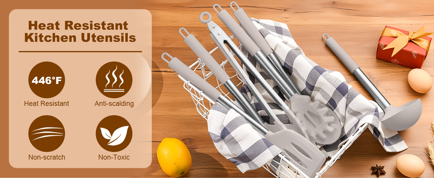 LIANYU Cooking Utensils Set of 6, Silicone Kitchen Utensils Set for Nonstick Cookware, Heat Resistant Kitchen Gadgets Tools, Includes Spatulas, Spoons, Tongs, Stainless Steel Handle, Khaki