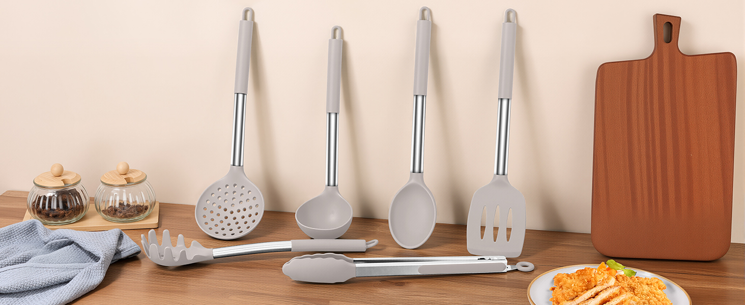 LIANYU Cooking Utensils Set of 6, Silicone Kitchen Utensils Set for Nonstick Cookware, Heat Resistant Kitchen Gadgets Tools, Includes Spatulas, Spoons, Tongs, Stainless Steel Handle, Khaki