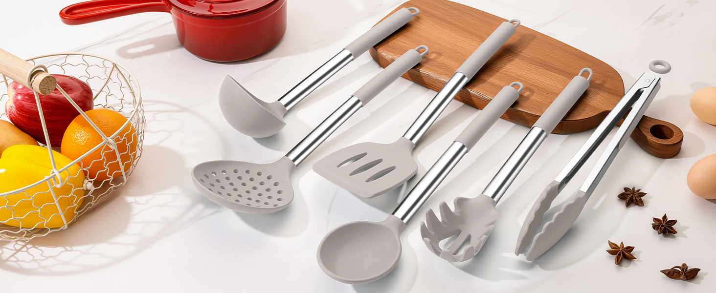 LIANYU Cooking Utensils Set of 6, Silicone Kitchen Utensils Set for Nonstick Cookware, Heat Resistant Kitchen Gadgets Tools, Includes Spatulas, Spoons, Tongs, Stainless Steel Handle, Khaki