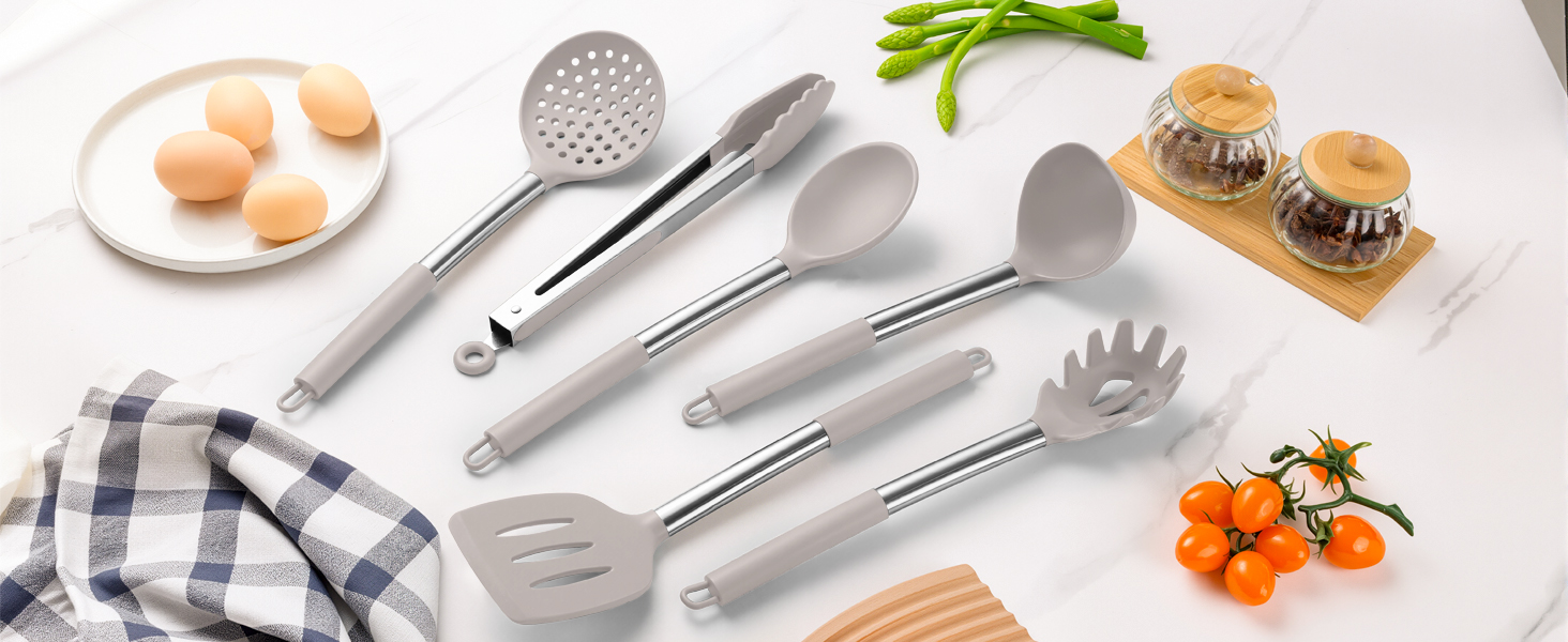 LIANYU Cooking Utensils Set of 6, Silicone Kitchen Utensils Set for Nonstick Cookware, Heat Resistant Kitchen Gadgets Tools, Includes Spatulas, Spoons, Tongs, Stainless Steel Handle, Khaki