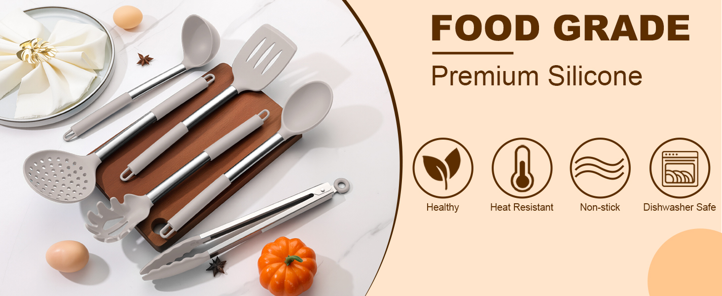 LIANYU Cooking Utensils Set of 6, Silicone Kitchen Utensils Set for Nonstick Cookware, Heat Resistant Kitchen Gadgets Tools, Includes Spatulas, Spoons, Tongs, Stainless Steel Handle, Khaki