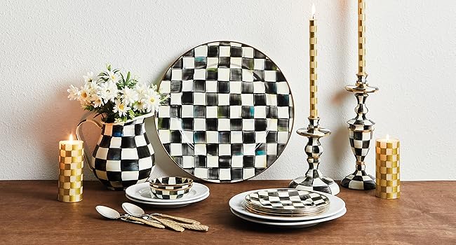 MACKENZIE-CHILDS Tempered Glass Cutting Board, Large Countertop Cutting Board, Black-and-White Courtly Check, Set of 2