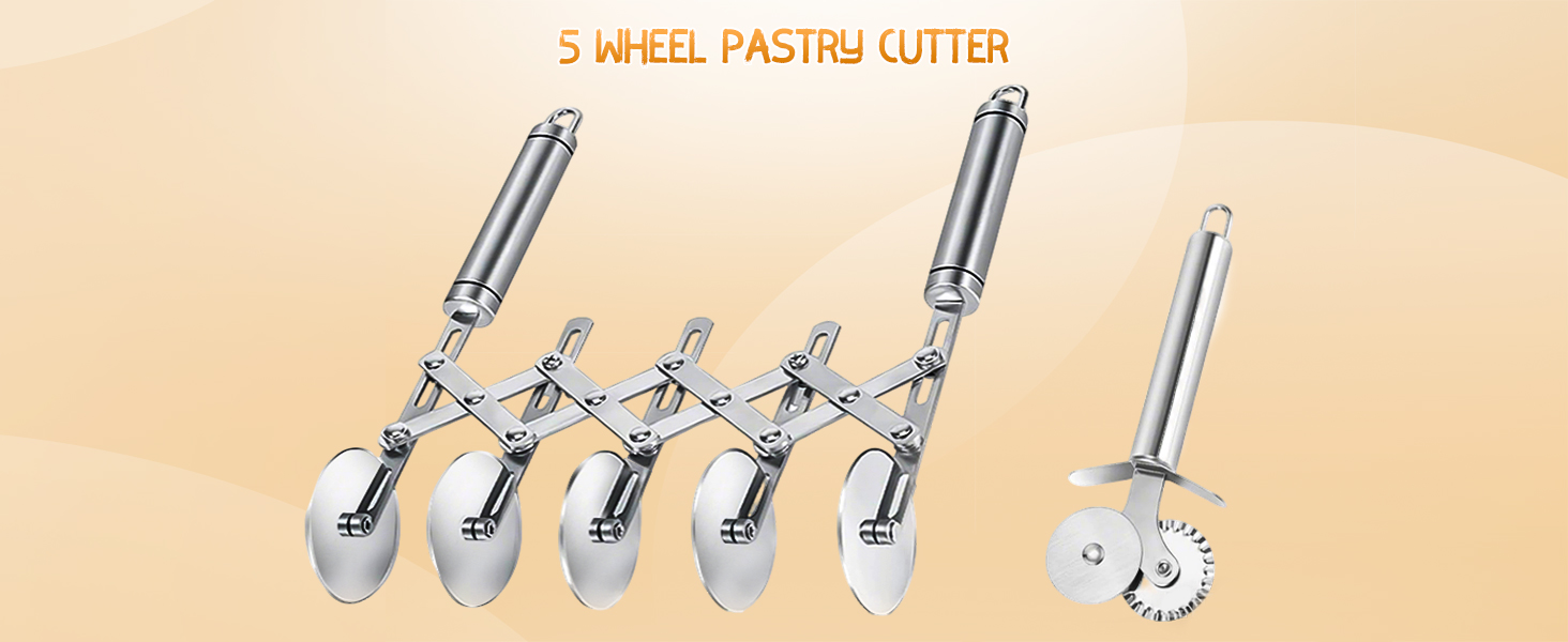 5 Wheel Pastry Cutter, Stainless Steel Dough Cutter Wheel with Handle, Dual Fluted Ravioli Pasta Noodle Pizza Slicer, Expandable Round Pastry Knife, Versatile Cookie Dough Divider