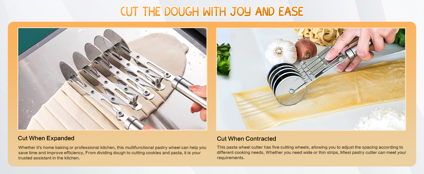5 Wheel Pastry Cutter, Stainless Steel Dough Cutter Wheel with Handle, Dual Fluted Ravioli Pasta Noodle Pizza Slicer, Expandable Round Pastry Knife, Versatile Cookie Dough Divider