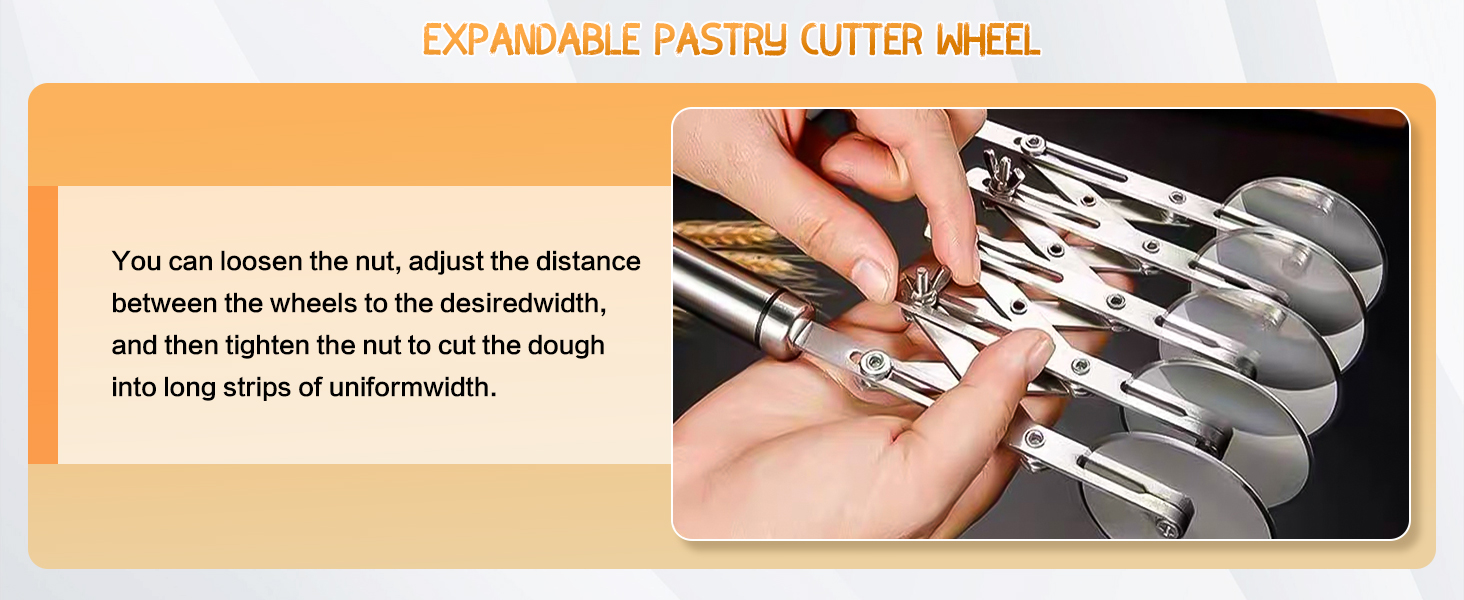 5 Wheel Pastry Cutter, Stainless Steel Dough Cutter Wheel with Handle, Dual Fluted Ravioli Pasta Noodle Pizza Slicer, Expandable Round Pastry Knife, Versatile Cookie Dough Divider