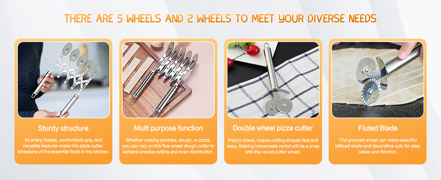 5 Wheel Pastry Cutter, Stainless Steel Dough Cutter Wheel with Handle, Dual Fluted Ravioli Pasta Noodle Pizza Slicer, Expandable Round Pastry Knife, Versatile Cookie Dough Divider