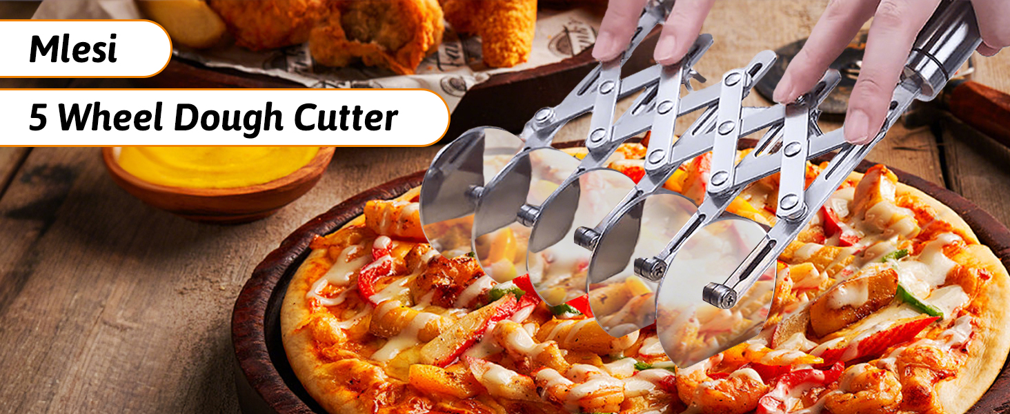 5 Wheel Pastry Cutter, Stainless Steel Dough Cutter Wheel with Handle, Dual Fluted Ravioli Pasta Noodle Pizza Slicer, Expandable Round Pastry Knife, Versatile Cookie Dough Divider
