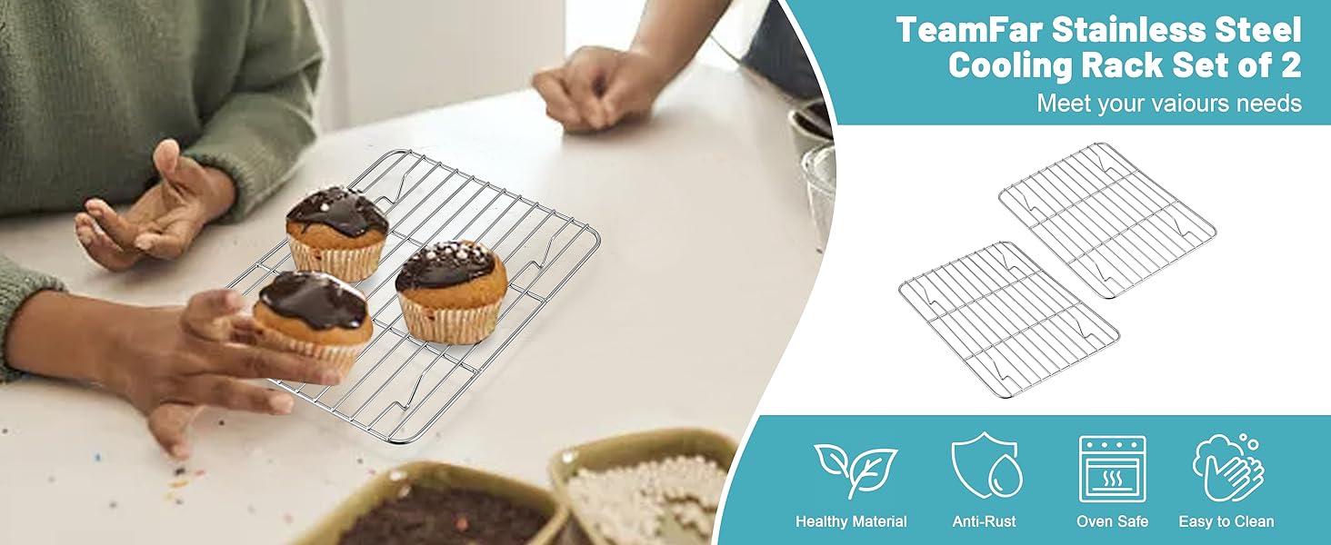 TeamFar Cooling Rack, 8.75” x 6.25” Stainless Steel Wire Baking Rack for Cooking Roasting Grilling, Fit for Oven Pan, Oven & Dishwasher Safe, Non-toxic & Heavy-Duty, 2PCS