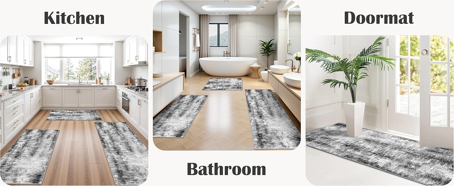 Tritard Upgrade Non Slip Kitchen Rugs Sets of 3 Washable Kitchen Mats for Floor Abstract Kitchen Runner Rug Ultra Soft Floor Mat Set Kitchen Carpet Rugs for Hallway, Laundry, Entryway, Office, Grey