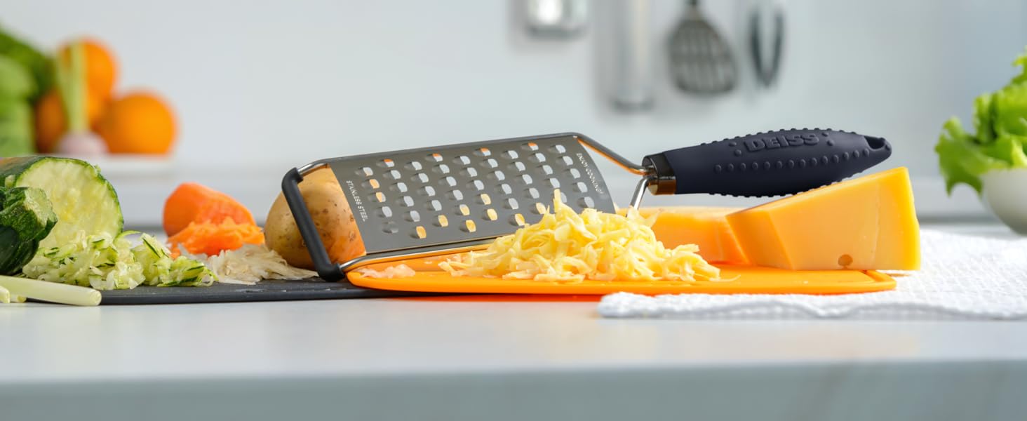 Deiss PRO Coarse Grater & Hand Held Cheese Grater - Sharp Stainless Steel Blades, Non-Slip Handle, Small Cheese Grater for Kitchen, Shredder, Dishwasher Safe