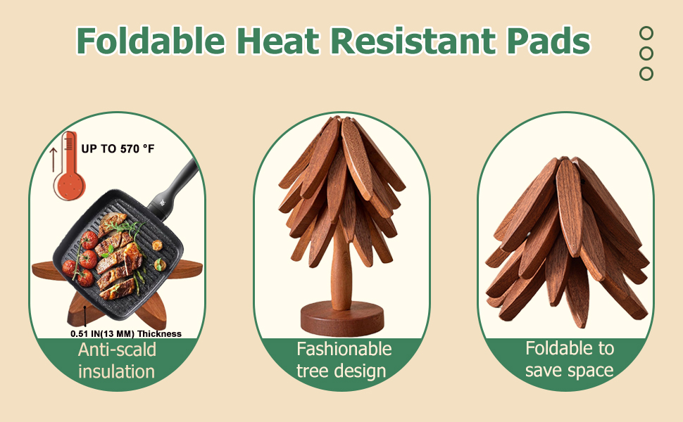 Wooden Trivets for Hot Dishes,Tree Shape Trivet Set,4 Wooden Trivets+1 Stand,Stored Like a Christmas Tree,Natural Foldable Kitchen Wooden Trivet,for Hot Dishes、Pot、Bowl、Teapot、Teacups(Walnut Wood)