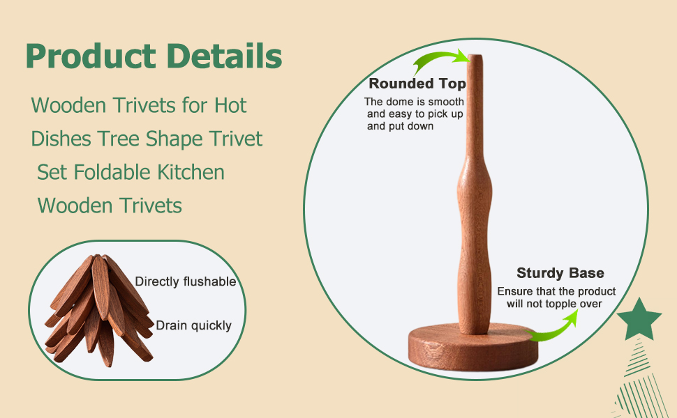 Wooden Trivets for Hot Dishes,Tree Shape Trivet Set,4 Wooden Trivets+1 Stand,Stored Like a Christmas Tree,Natural Foldable Kitchen Wooden Trivet,for Hot Dishes、Pot、Bowl、Teapot、Teacups(Walnut Wood)