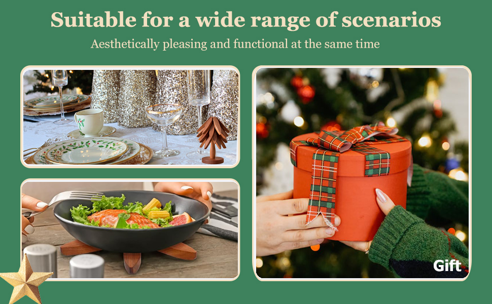 Wooden Trivets for Hot Dishes,Tree Shape Trivet Set,4 Wooden Trivets+1 Stand,Stored Like a Christmas Tree,Natural Foldable Kitchen Wooden Trivet,for Hot Dishes、Pot、Bowl、Teapot、Teacups(Walnut Wood)