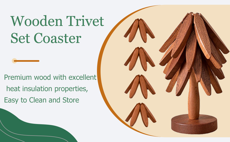 Wooden Trivets for Hot Dishes,Tree Shape Trivet Set,4 Wooden Trivets+1 Stand,Stored Like a Christmas Tree,Natural Foldable Kitchen Wooden Trivet,for Hot Dishes、Pot、Bowl、Teapot、Teacups(Walnut Wood)