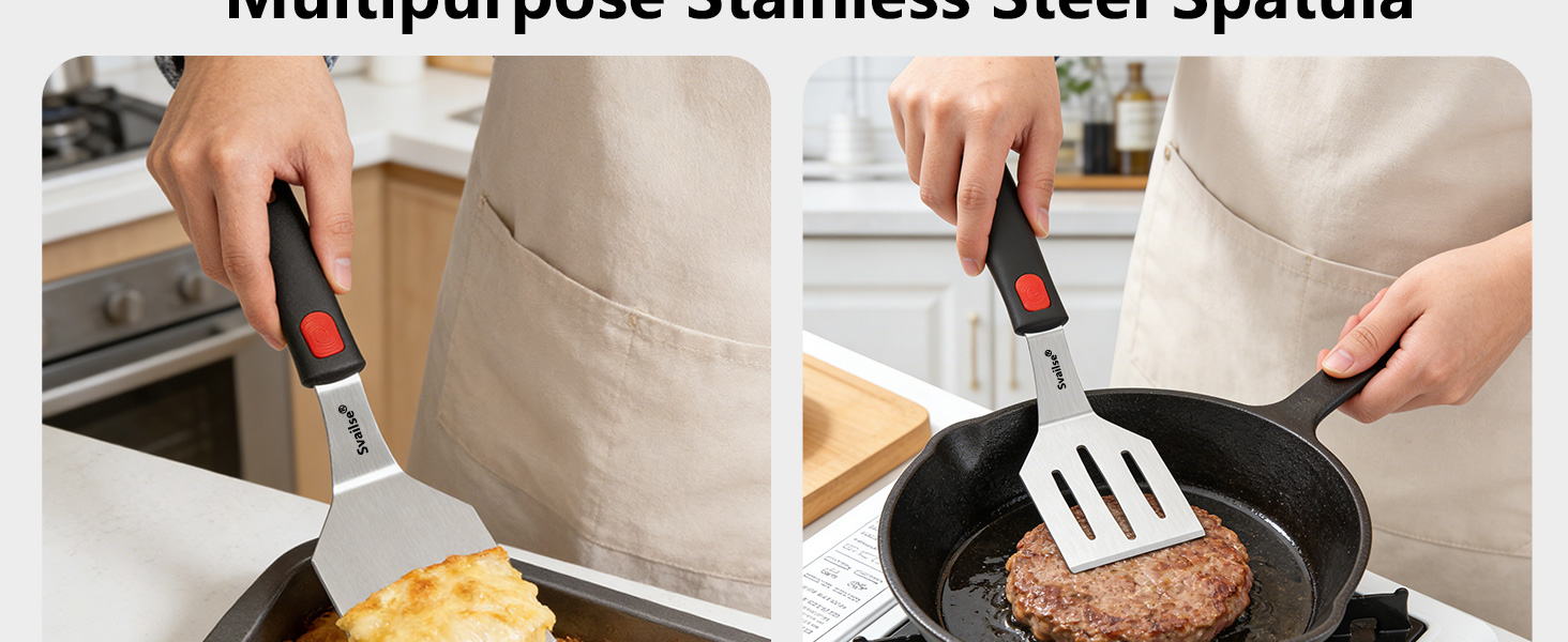 2Pcs Stainless Steel Spatula Set, Metal Turners for Kitchen Use, Metal Cooking Utensils for Cast Iron Skillet with Silicone Handle, Spatula Flipper for Frying Egg, Brownie, Cookies or Pancake