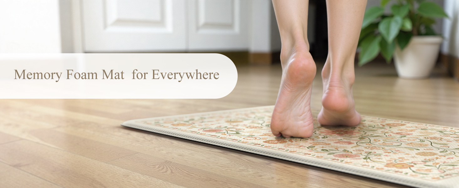 KIMODE Anti Fatigue Mats for Kitchen Floor Non Slip,Farmhouse Boho Floral Standing Kitchen Rugs Sets of 2,Comfort Cushioned Padded Ergonomic Carpet for Laundry Sink Office,Beige