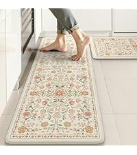KIMODE Anti Fatigue Mats for Kitchen Floor Non Slip,Farmhouse Boho Floral Standing Kitchen Rugs Sets of 2,Comfort Cushioned Padded Ergonomic Carpet for Laundry Sink Office,Beige