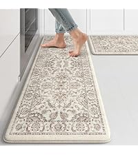 KIMODE Anti Fatigue Mats for Kitchen Floor Non Slip,Farmhouse Boho Floral Standing Kitchen Rugs Sets of 2,Comfort Cushioned Padded Ergonomic Carpet for Laundry Sink Office,Beige
