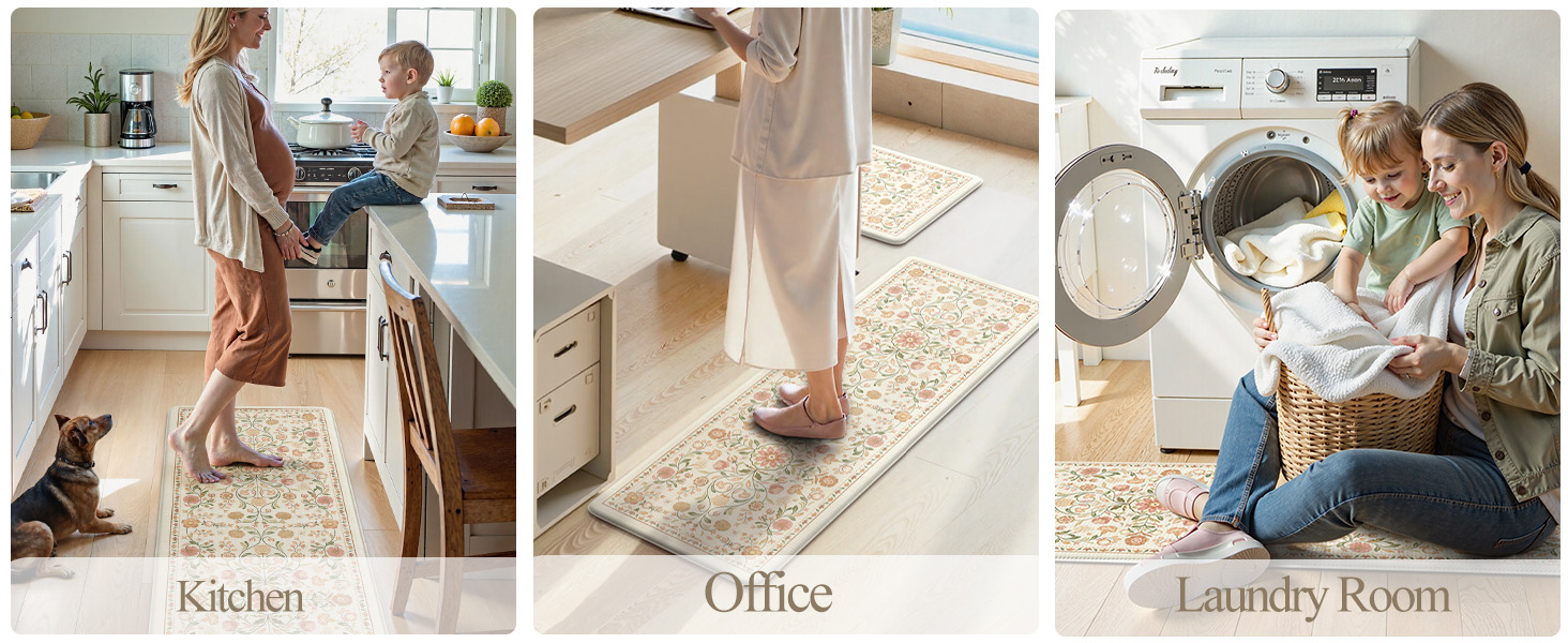 KIMODE Anti Fatigue Mats for Kitchen Floor Non Slip,Farmhouse Boho Floral Standing Kitchen Rugs Sets of 2,Comfort Cushioned Padded Ergonomic Carpet for Laundry Sink Office,Beige