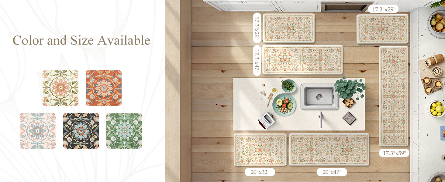 KIMODE Anti Fatigue Mats for Kitchen Floor Non Slip,Farmhouse Boho Floral Standing Kitchen Rugs Sets of 2,Comfort Cushioned Padded Ergonomic Carpet for Laundry Sink Office,Beige