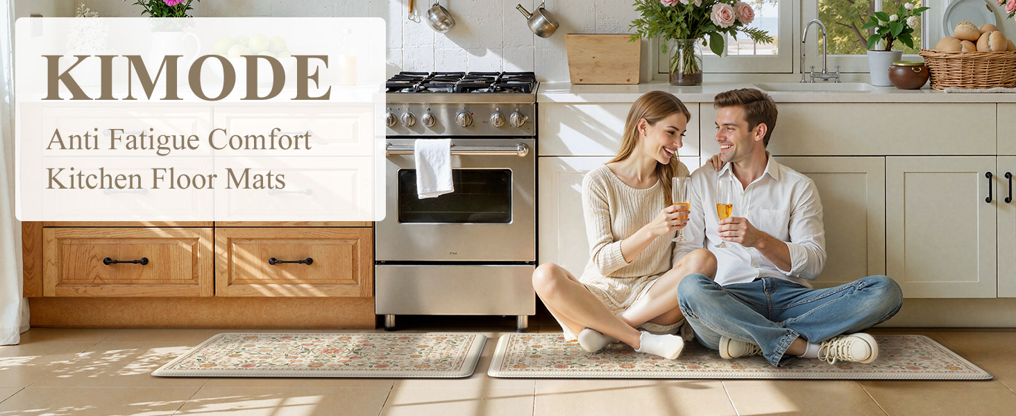 KIMODE Anti Fatigue Mats for Kitchen Floor Non Slip,Farmhouse Boho Floral Standing Kitchen Rugs Sets of 2,Comfort Cushioned Padded Ergonomic Carpet for Laundry Sink Office,Beige