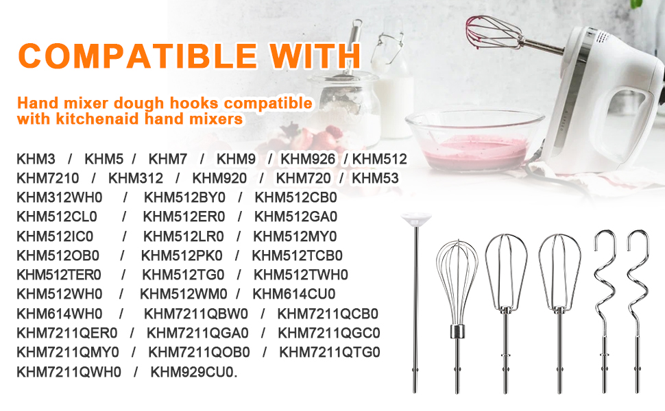 Hand Mixer Beaters Attachments for Kitchenaid Whisk, Beater, Dough Hook, Blending Rod, Stainless Steel Hand Mixers Blender Accessories for Kitchenaid KHM3 KHM5 KHM7 KHM9 KHM926 KHM512-6PCS