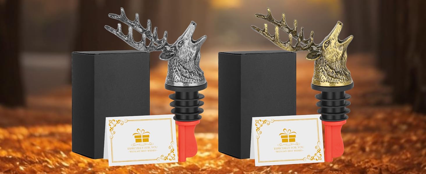 Deer Head Liquor Pourers Spout, Deer Wine Bottle Pourer and Stopper for Wine Spirits, Stag Gifts Birthday Gifts Hunting Gifts for Hunters Men Women, Bronze