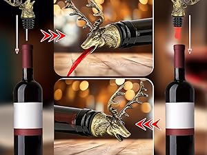 Deer Head Liquor Pourers Spout, Deer Wine Bottle Pourer and Stopper for Wine Spirits, Stag Gifts Birthday Gifts Hunting Gifts for Hunters Men Women, Bronze