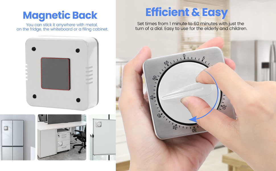 Kitchen Timers for Cooking, Chef Cooking Timer Clock with Loud Alarm,100% Mechanical Desk Timer - No Batteries Required - Magnetic Backing, Exquisite Stainless Steel Body - Countdown Reminder Magnetic