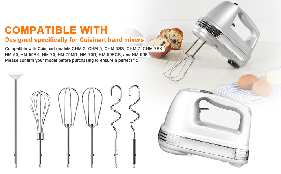 Hand Mixer Beaters Replacement for Cuisinart CHM Series, Stainless Steel Beater, Whisk, Dough Hook, Blending Rod Attachments Parts for HM-90S HM-50 HM-70 CHM-3 CHM-7PK 9 7 5 3 Mixers Blender - 6 PCS