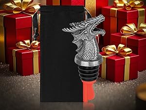 LKKCHER Dragon Head Liquor Pourers Spout for Alcohol Spirits, Dragon Gifts 2-In-1 Wine Bottle Pourer and Stopper for Men Women, Wine Accessories Gifts, Silver with Bag