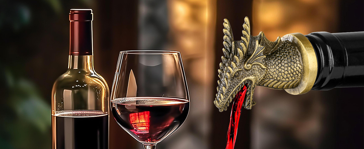 LKKCHER Dragon Head Liquor Pourers Spout for Alcohol Spirits, Dragon Gifts 2-In-1 Wine Bottle Pourer and Stopper for Men Women, Wine Accessories Gifts, Silver with Bag