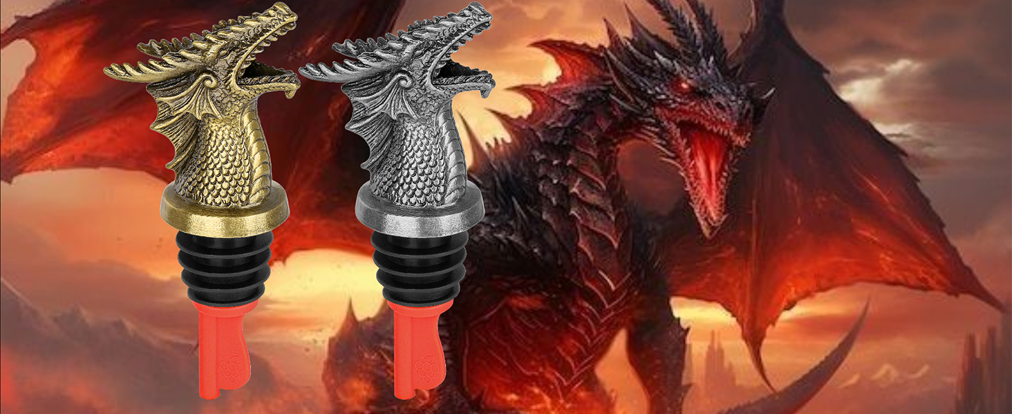LKKCHER Dragon Head Liquor Pourers Spout for Alcohol Spirits, Dragon Gifts 2-In-1 Wine Bottle Pourer and Stopper for Men Women, Wine Accessories Gifts, Silver with Bag