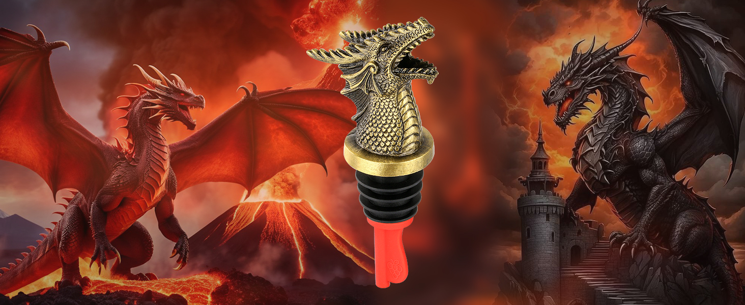 LKKCHER Dragon Head Liquor Pourers Spout for Alcohol Spirits, Dragon Gifts 2-In-1 Wine Bottle Pourer and Stopper for Men Women, Wine Accessories Gifts, Silver with Bag