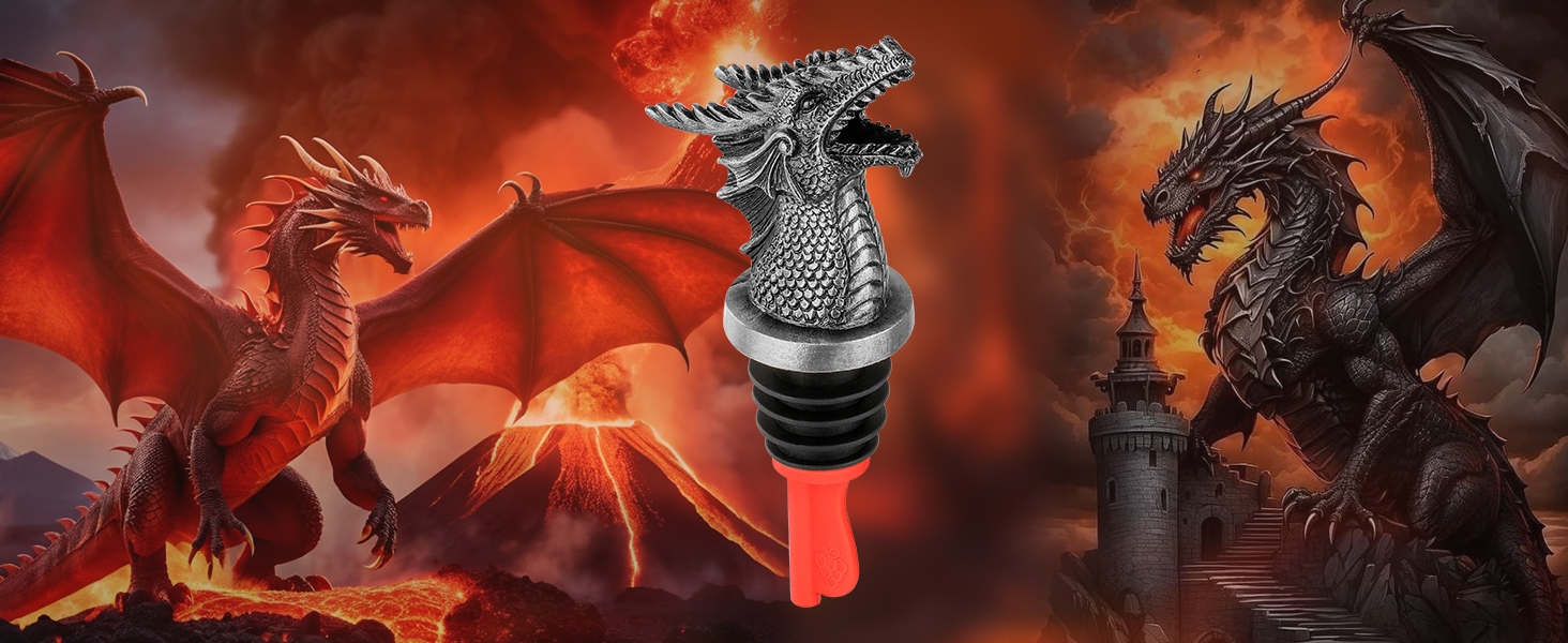 LKKCHER Dragon Head Liquor Pourers Spout for Alcohol Spirits, Dragon Gifts 2-In-1 Wine Bottle Pourer and Stopper for Men Women, Wine Accessories Gifts, Silver with Bag